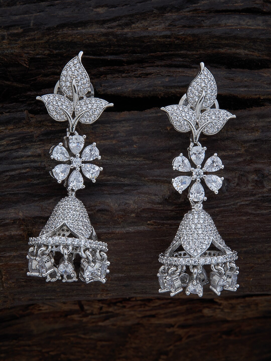 

Kushal's Fashion Jewellery White & Silver Rhodium Plated Contemporary Jhumkas Earrings
