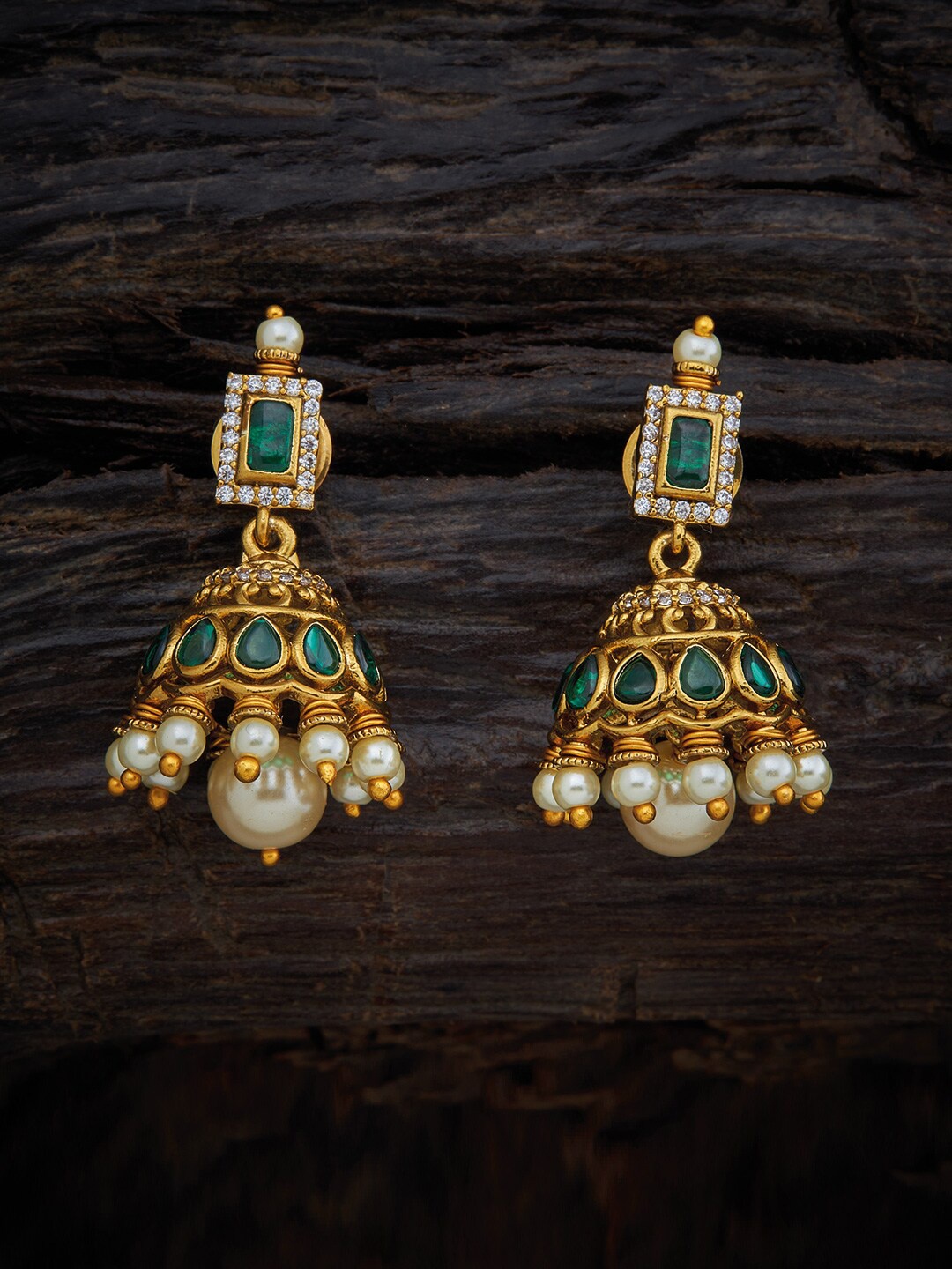 

Kushal's Fashion Jewellery Gold-Plated Green & White Contemporary Jhumkas Earrings