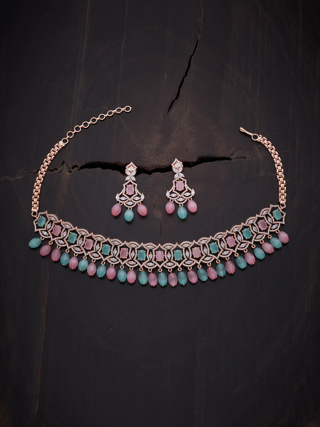 

Kushal's Fashion Jewellery Rose Gold-Plated & Toned Pink & Green CZ Studded Jewellery Set