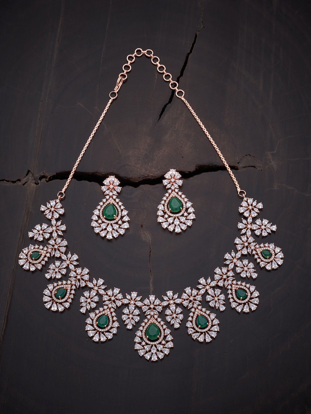 

Kushal's Fashion Jewellery Rose-Gold Plated Green Cubic Zirconia Studded Jewellery Set