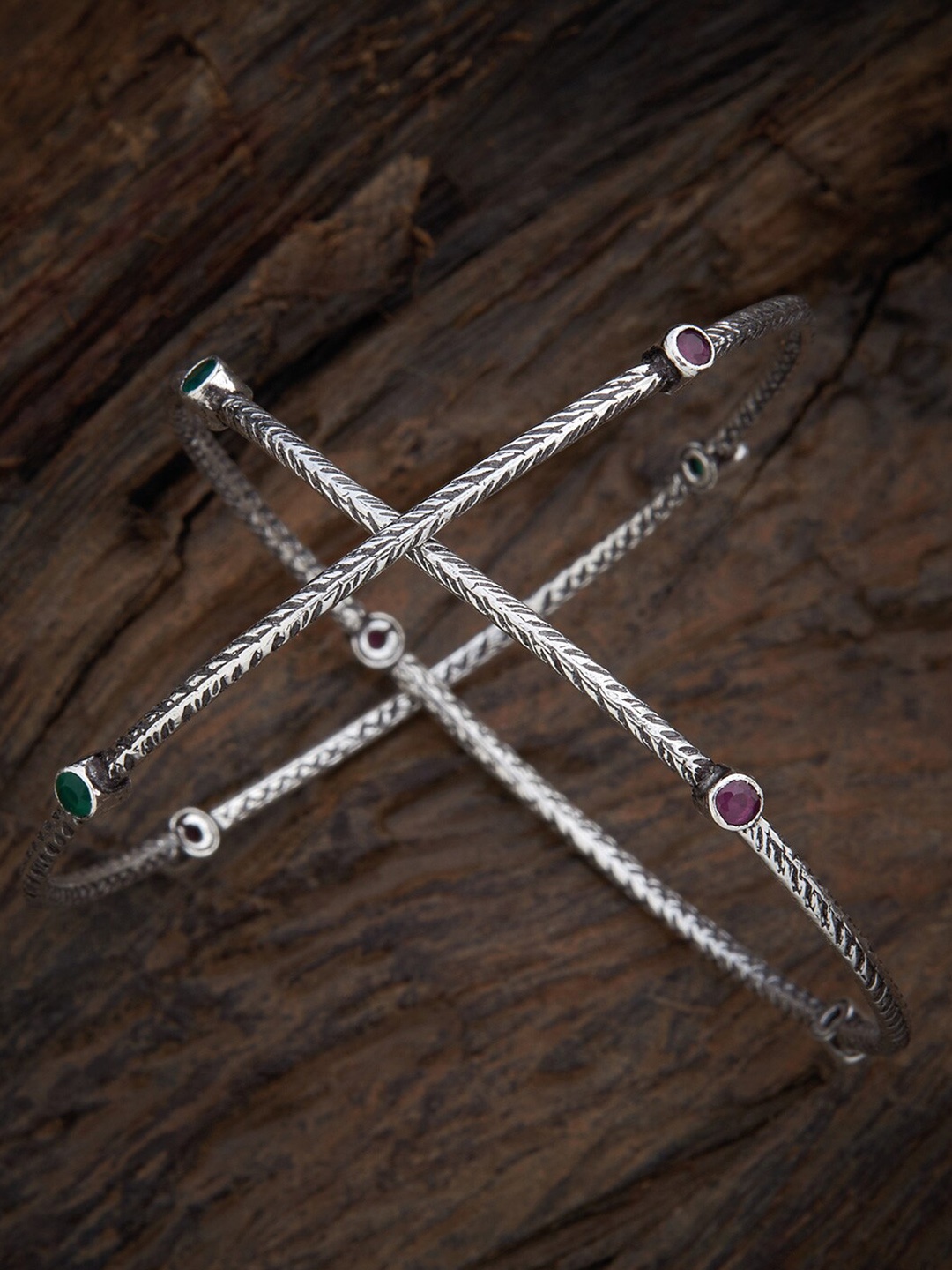 

Kushal's Fashion Jewellery Set of 2 Rhodium-Plated & Silver-Toned Red Artificial Stones Textured Silver Bangles