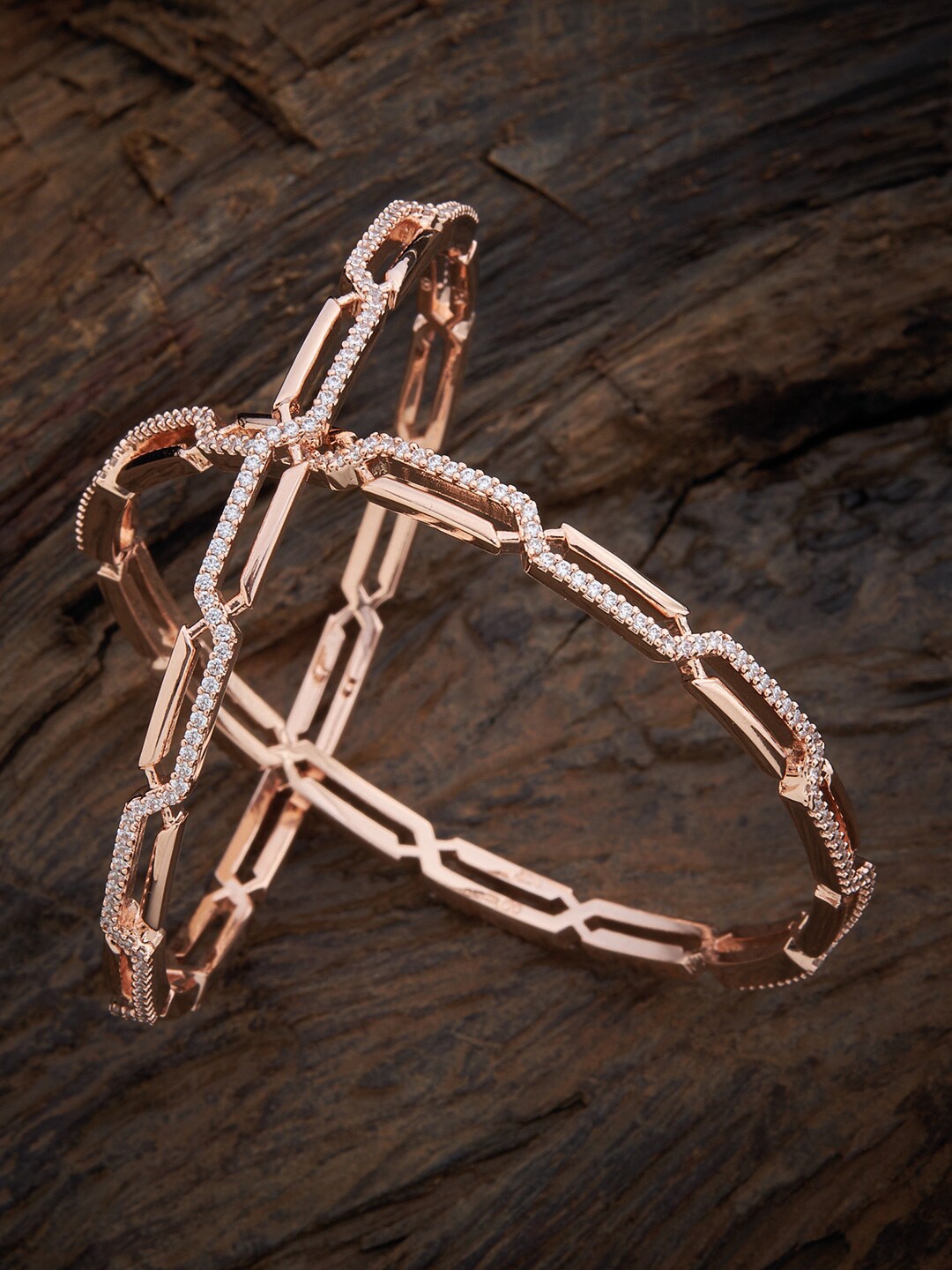 

Kushal's Fashion Jewellery Set Of 2 Rose Gold-Plated White CZ Studded Bangles
