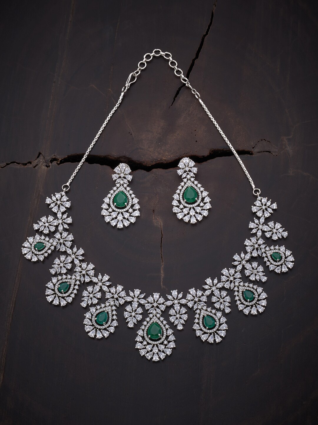 

Kushal's Fashion Jewellery Rhodium-Plated & Silver-Toned Green CZ Stone Studded Jewellery Set