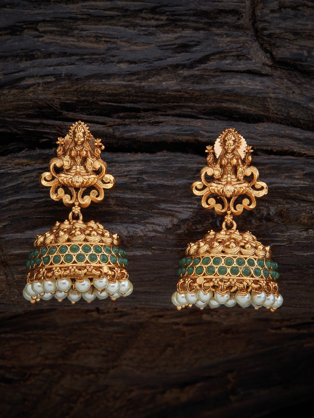 

Kushal's Fashion Jewellery Gold-Toned & Green Contemporary Jhumkas Earrings