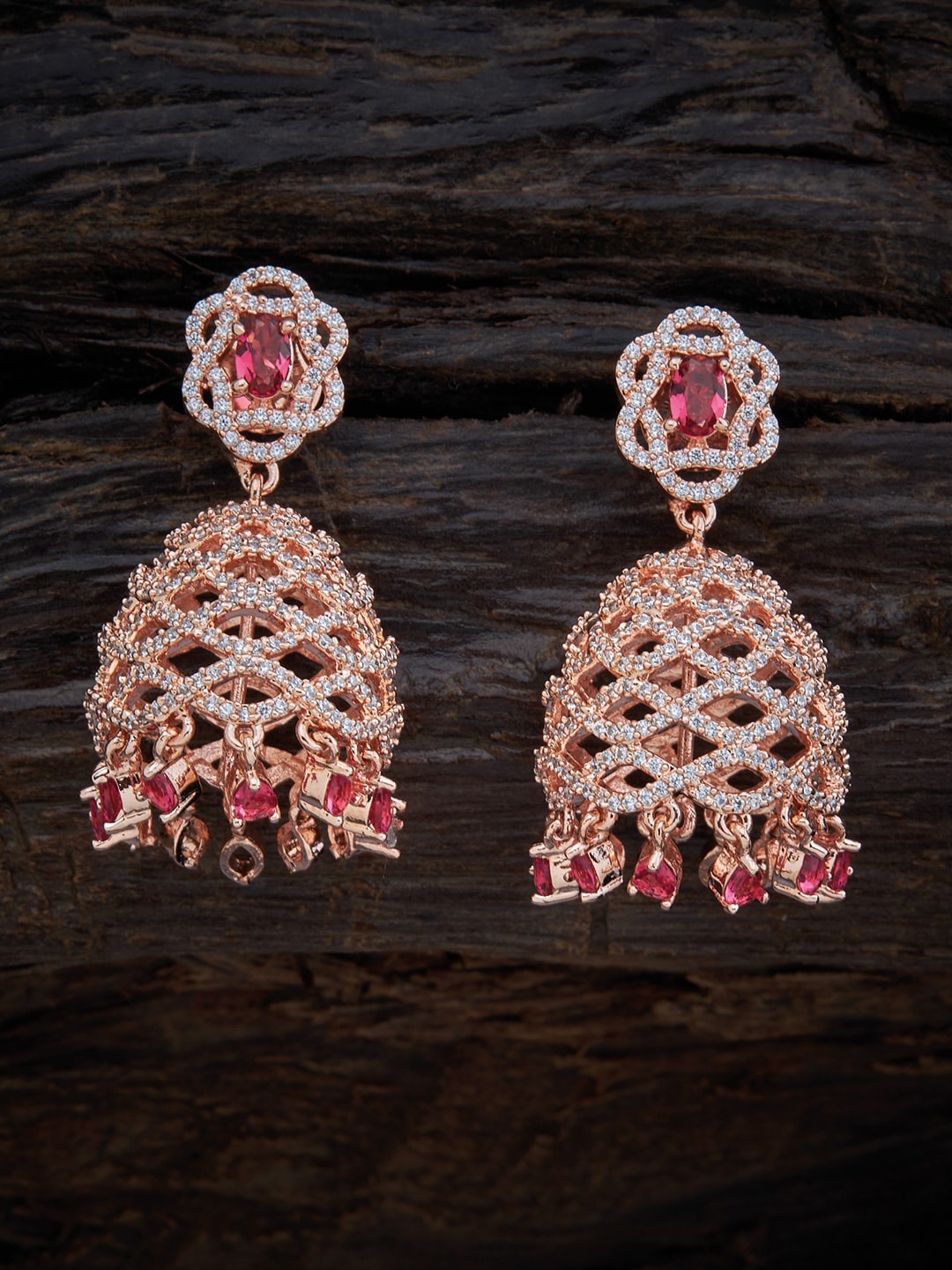 

Kushal's Fashion Jewellery Rose-Gold Plated Ruby Cubic Zirconia Jhumka Earrings