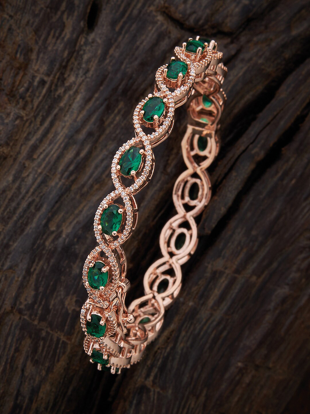 

Kushal's Fashion Jewellery Rose-Gold Plated Green Cubic Zirconia Studded Bangle