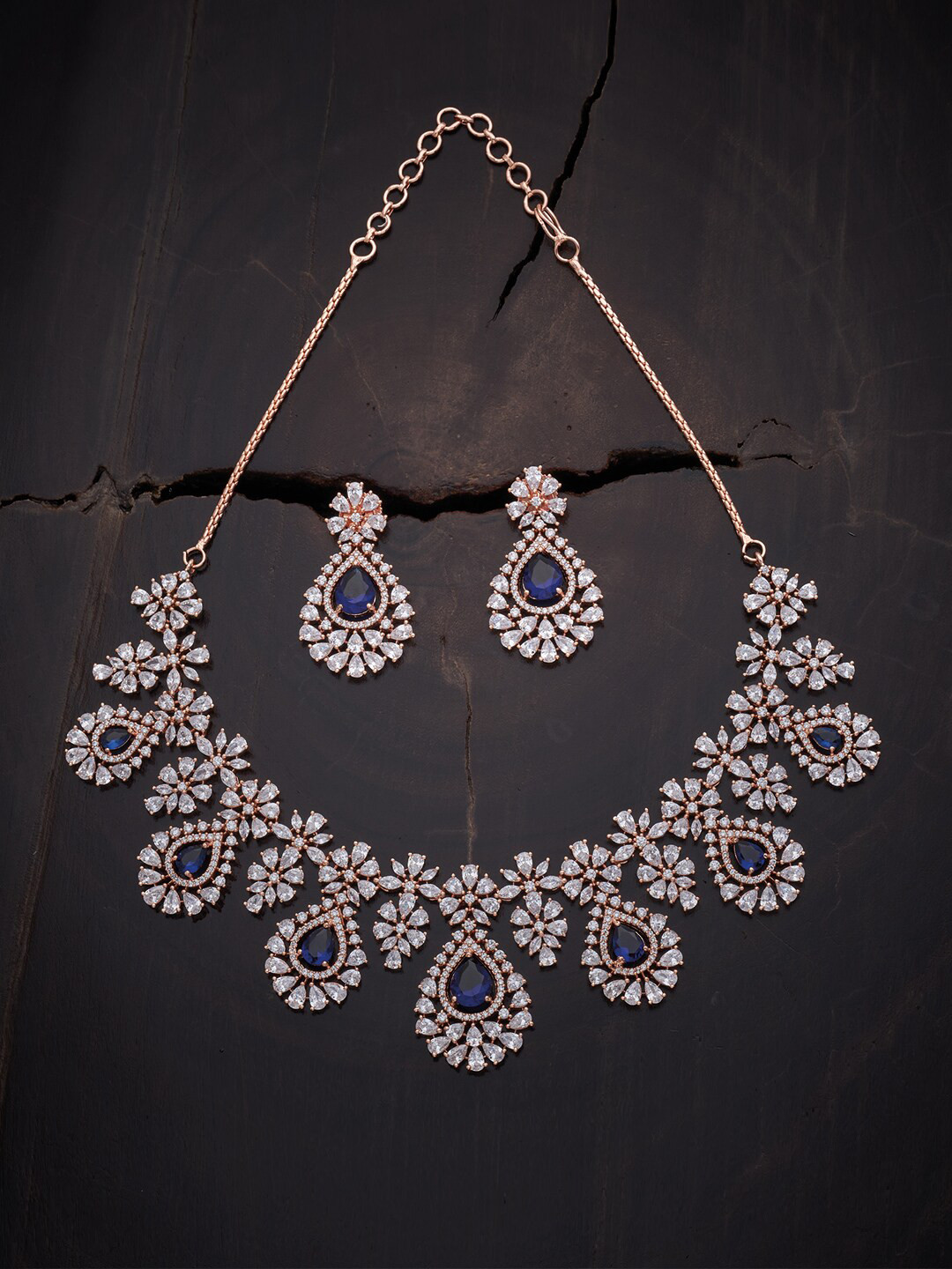 

Kushal's Fashion Jewellery Blue & White Rose Gold Plated Cubic Zirconia Jewellery Set