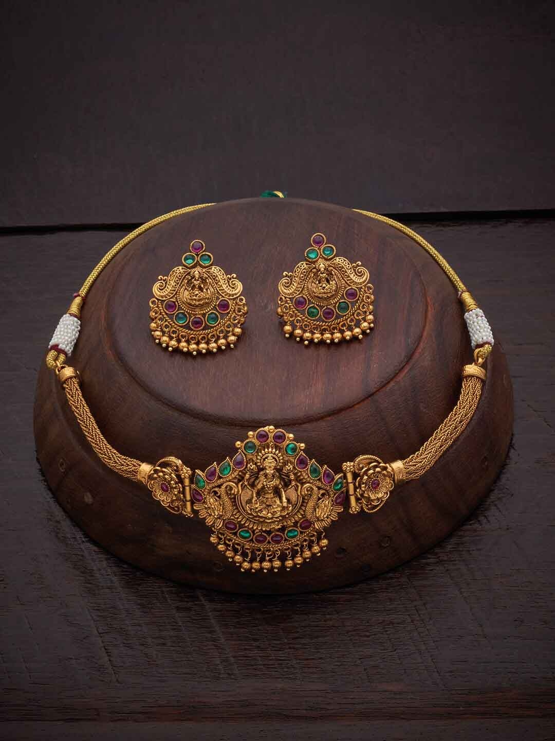 

Kushal's Fashion Jewellery Gold-Toned Pink & green Stone-Beaded Jewellery Set
