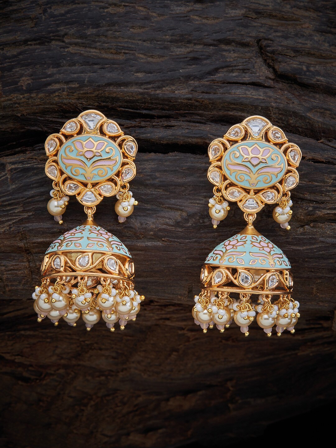 

Kushal's Fashion Jewellery Pink & Blue Gold-Plated Dome Shaped Jhumkas Earrings
