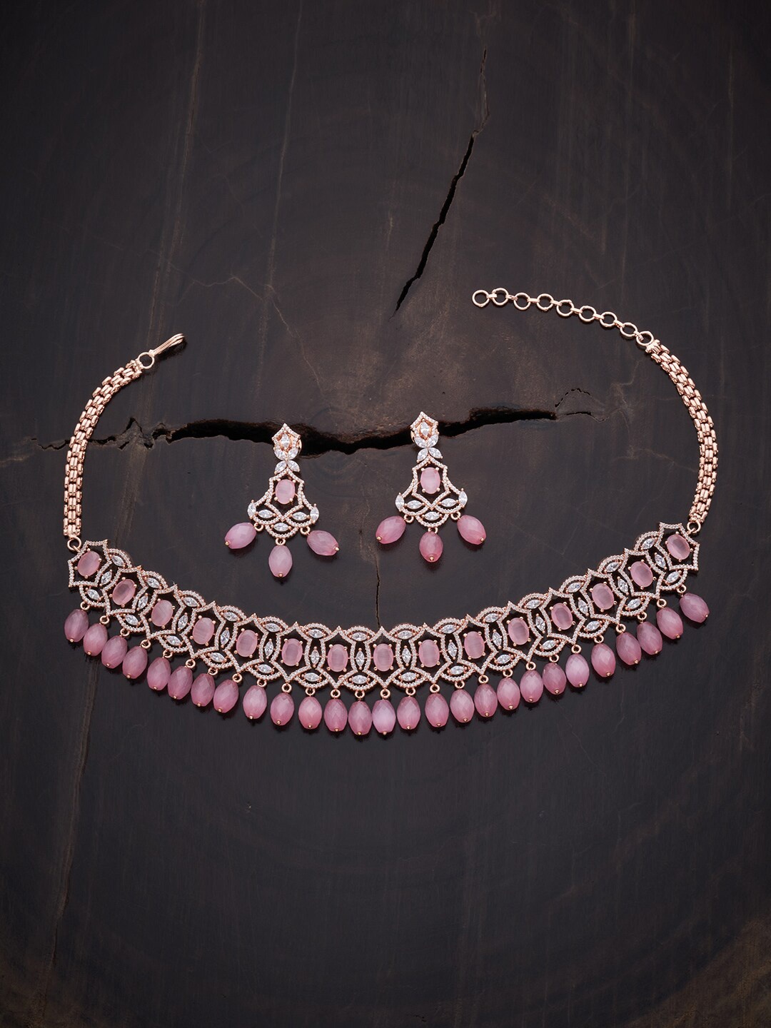 

Kushal's Fashion Jewellery Rose Gold-Plated Pink CZ-Studded & Beaded Jewellery Set
