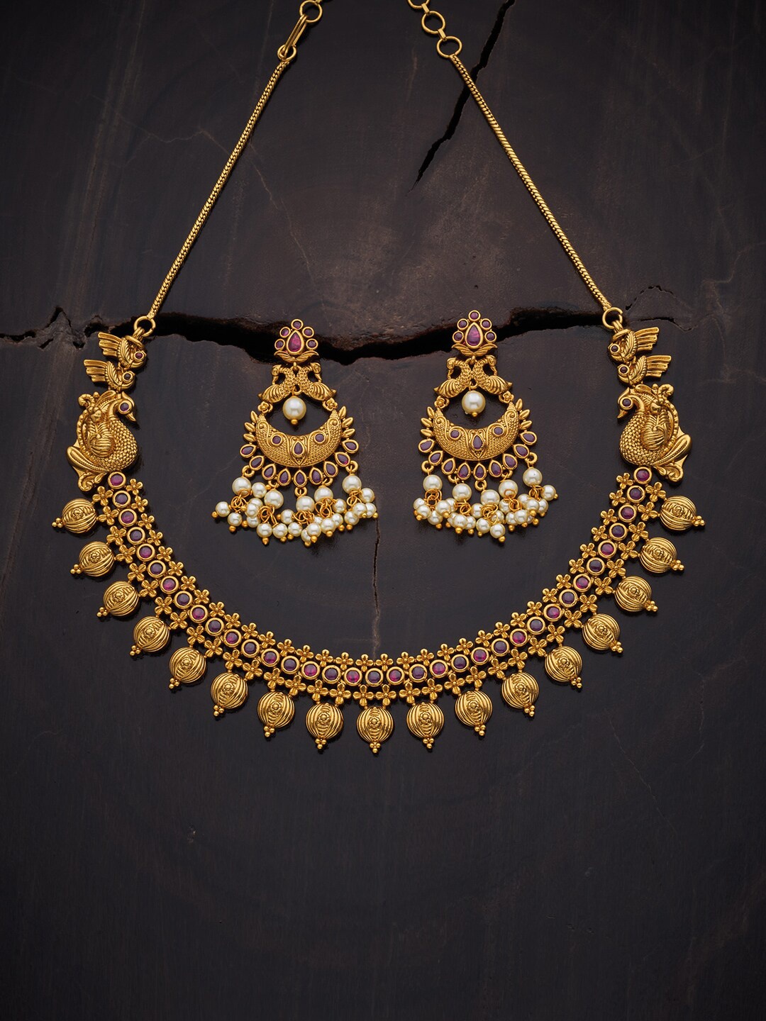 

Kushal's Fashion Jewellery Gold-Plated Pink & White Stones Studded Antique Jewellery Set