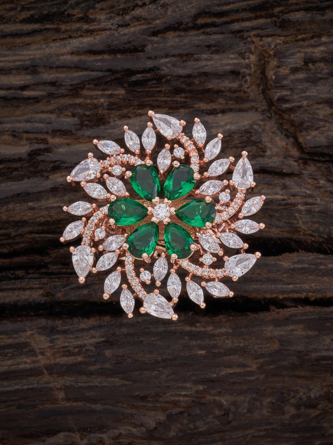 

Kushal's Fashion Jewellery Women Rose-Gold Plated Green CZ Stone Studded Adjustable Finger Ring