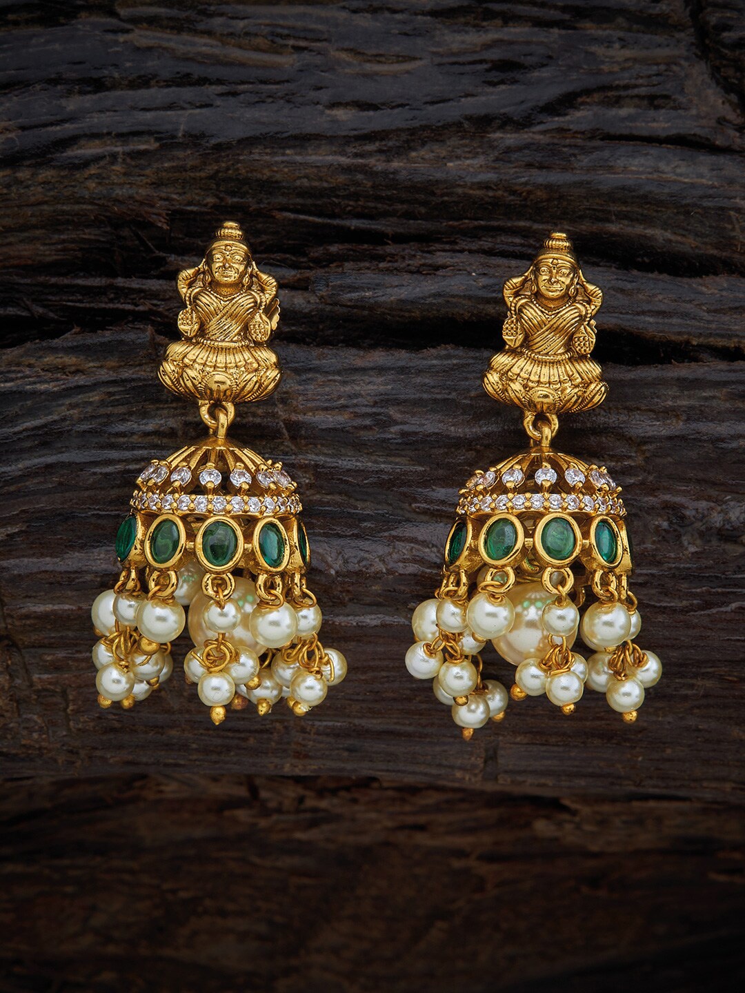 

Kushal's Fashion Jewellery Women Green Stones & White Pearls Gold-Plated Jhumkas Earrings