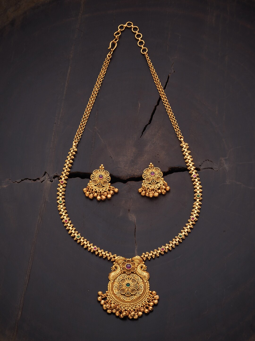 

Kushal's Fashion Jewellery Gold-Plated Pink & Green Stones Studded Antique Jewellery Set