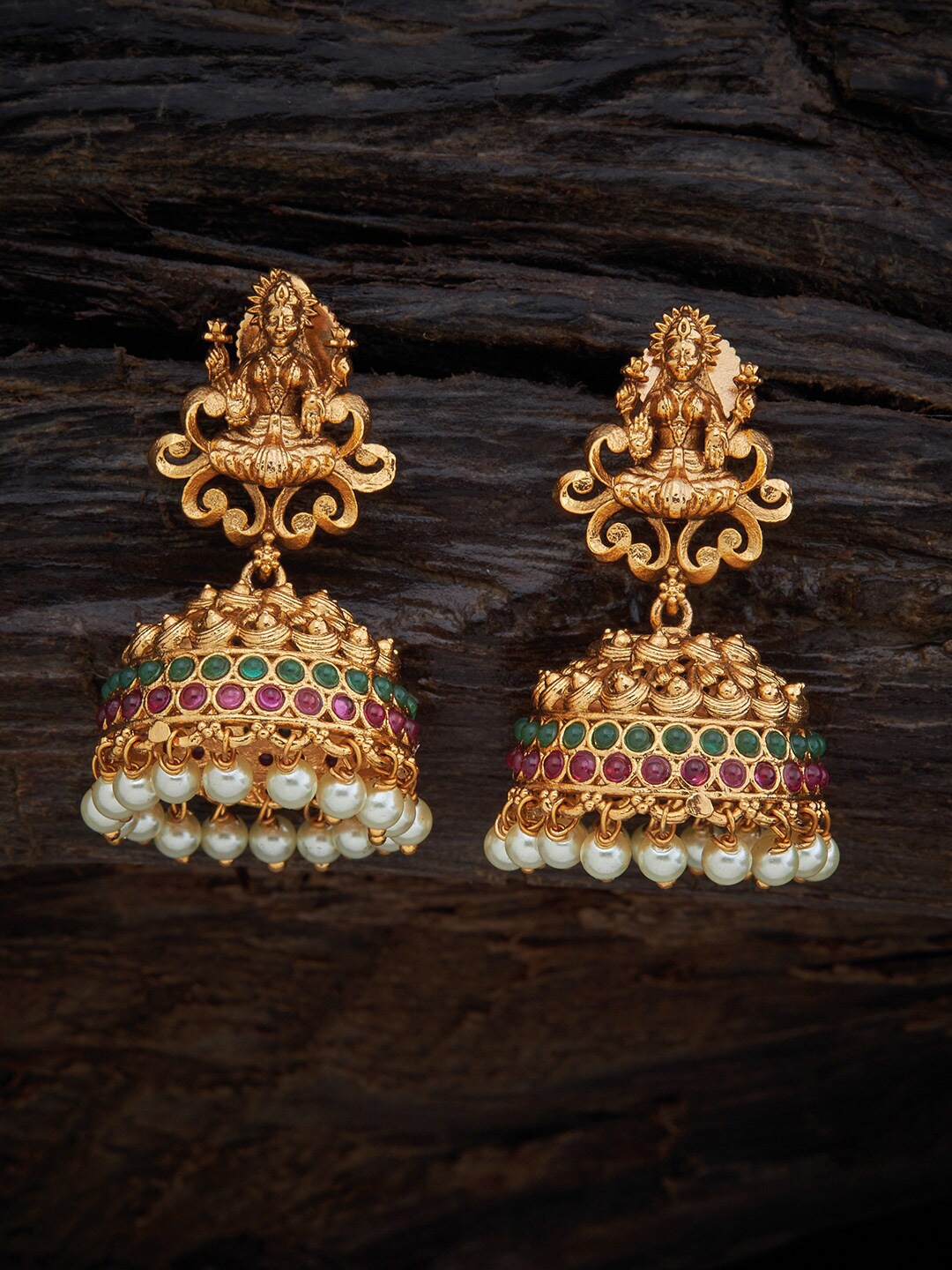 

Kushal's Fashion Jewellery Women Gold-Toned & Red Contemporary Jhumkas Earrings