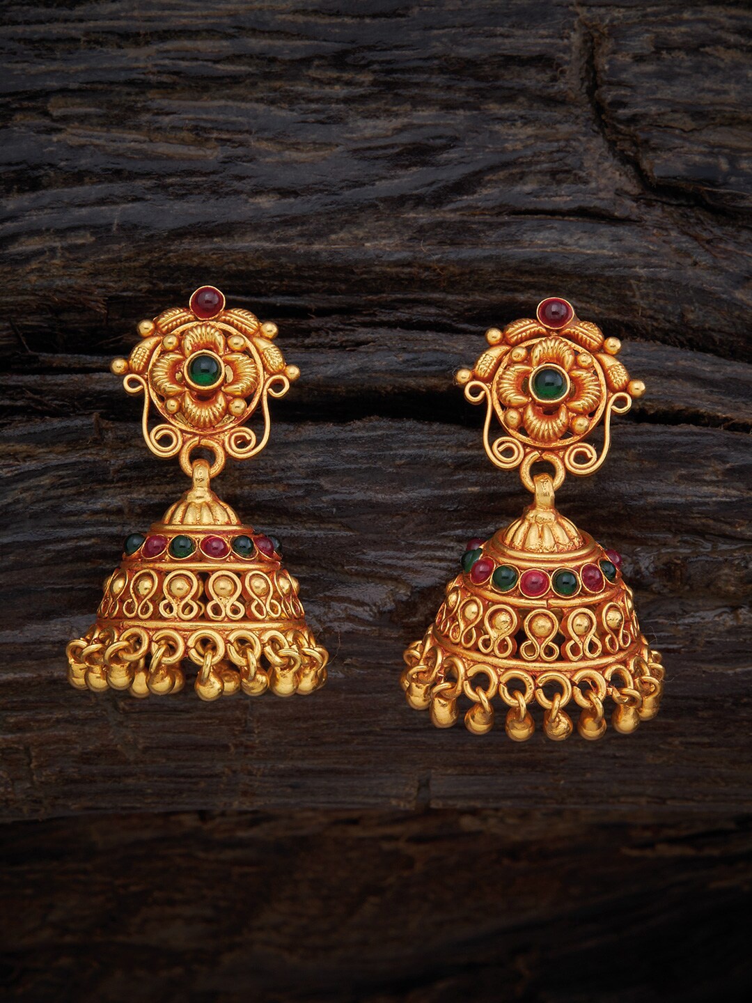 

Kushal's Fashion Jewellery Gold-Plated & Green 92.5 Pure Silver Temple Jhumkas Earrings, Red