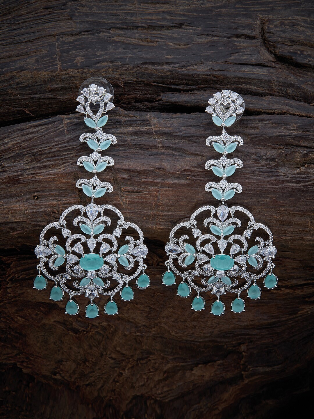 

Kushal's Fashion Jewellery Sea Green & Silver-Toned Rhodium-Plated Floral Drop Earrings