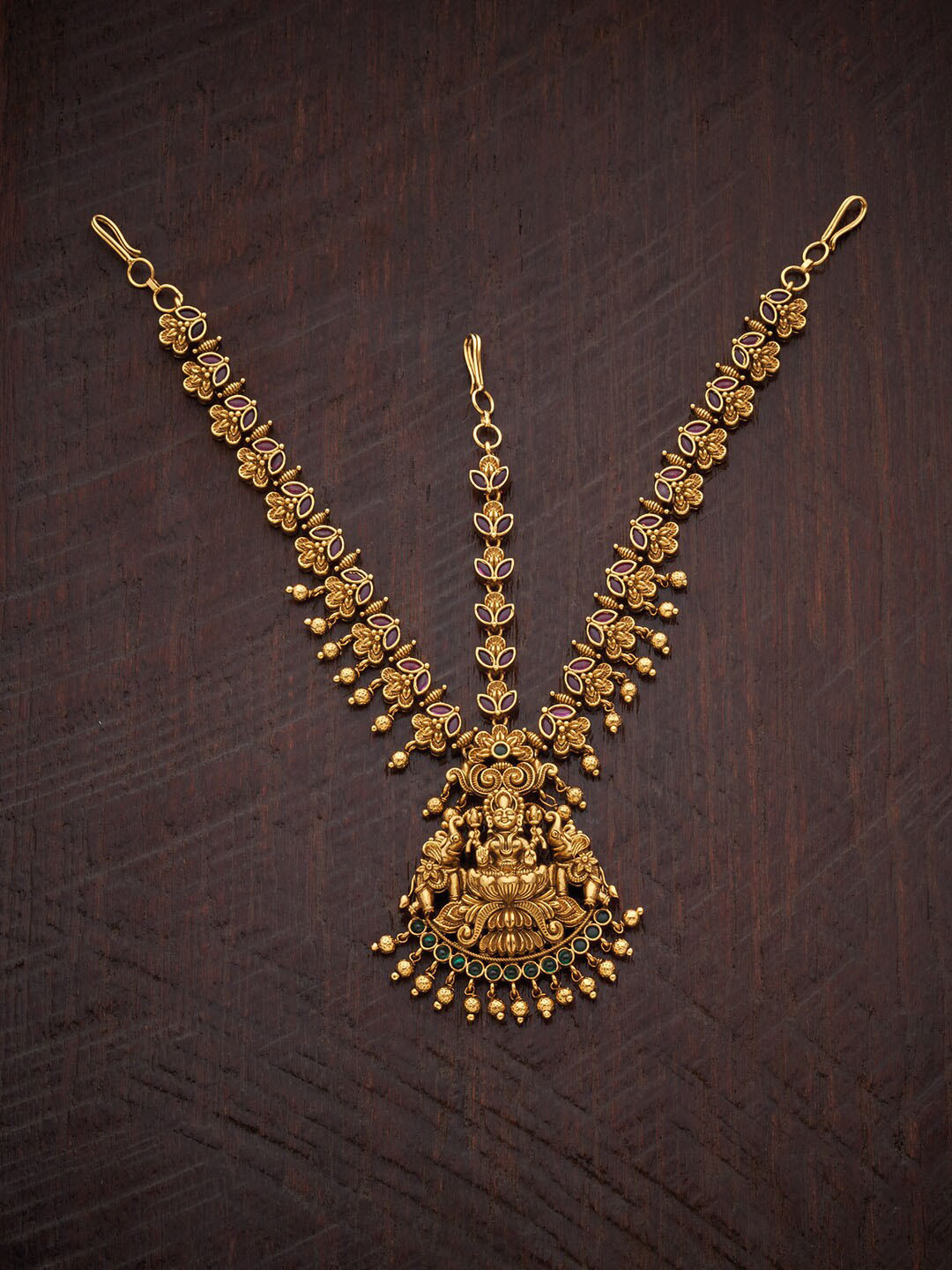 

Kushal's Fashion Jewellery Gold-Toned Red & Green Stone-Studded & Pearl Beaded Matha Patti