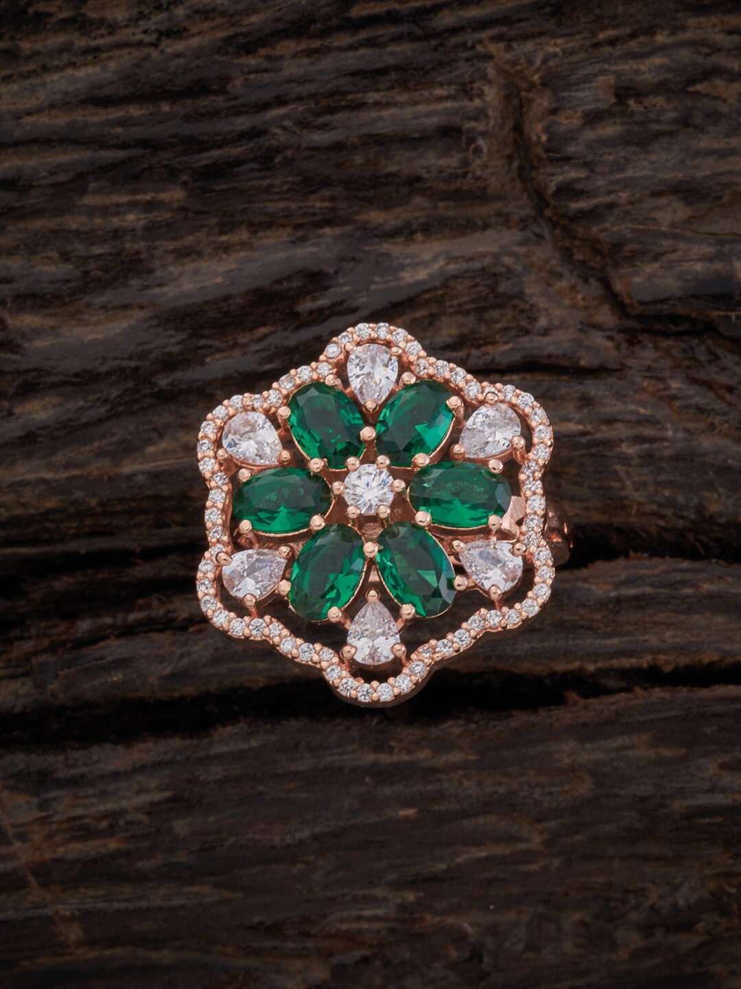 

Kushal's Fashion Jewellery Rose Gold-Plated & Green CZ Studded Finger Ring
