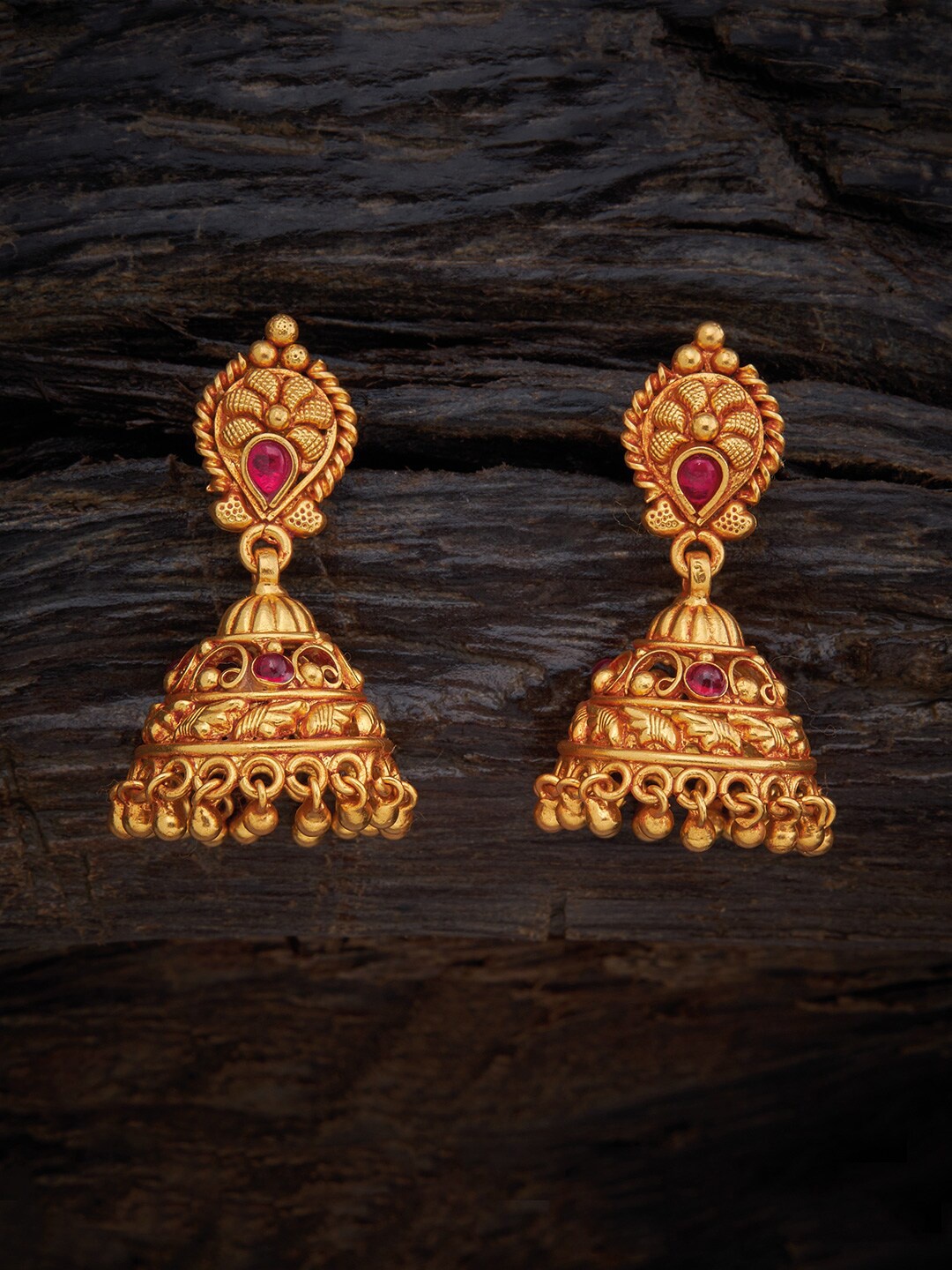 

Kushal's Fashion Jewellery Gold-Toned & Pink Contemporary Jhumkas Earrings