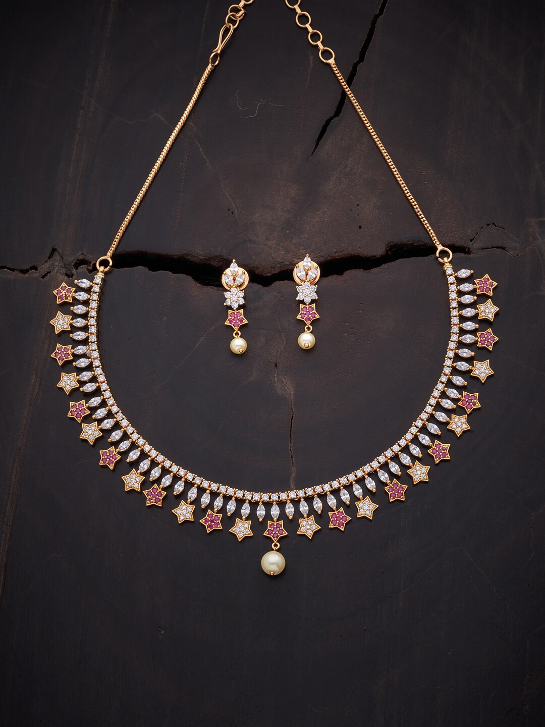 

Kushal's Fashion Gold-Plated White $ Red CZ Stone-Studded & Beaded Jewellery Set