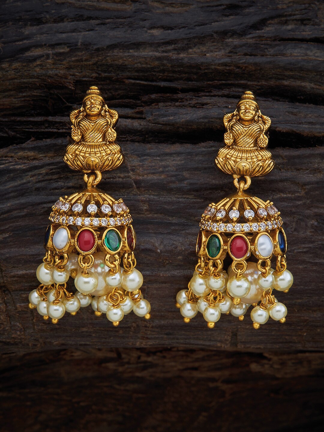 

Kushal's Fashion Jewellery Women Gold-Toned & White Contemporary Jhumkas Earrings