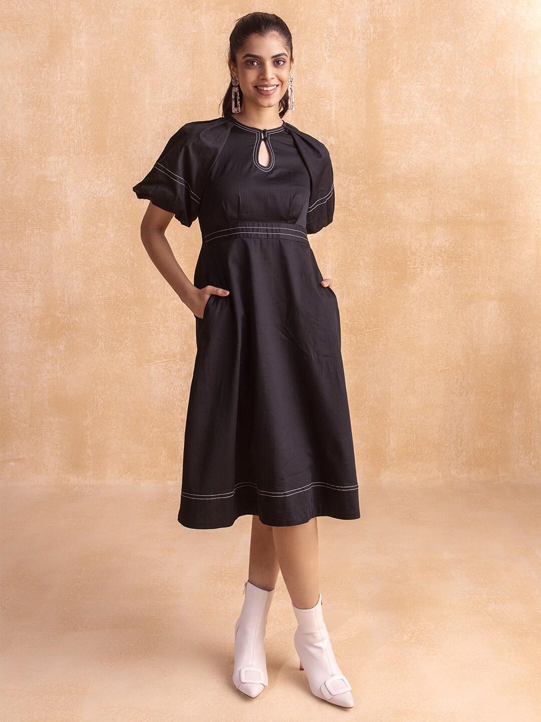 

Femella Black Keyhole Neck Cotton Puff Sleeve Empire Dress