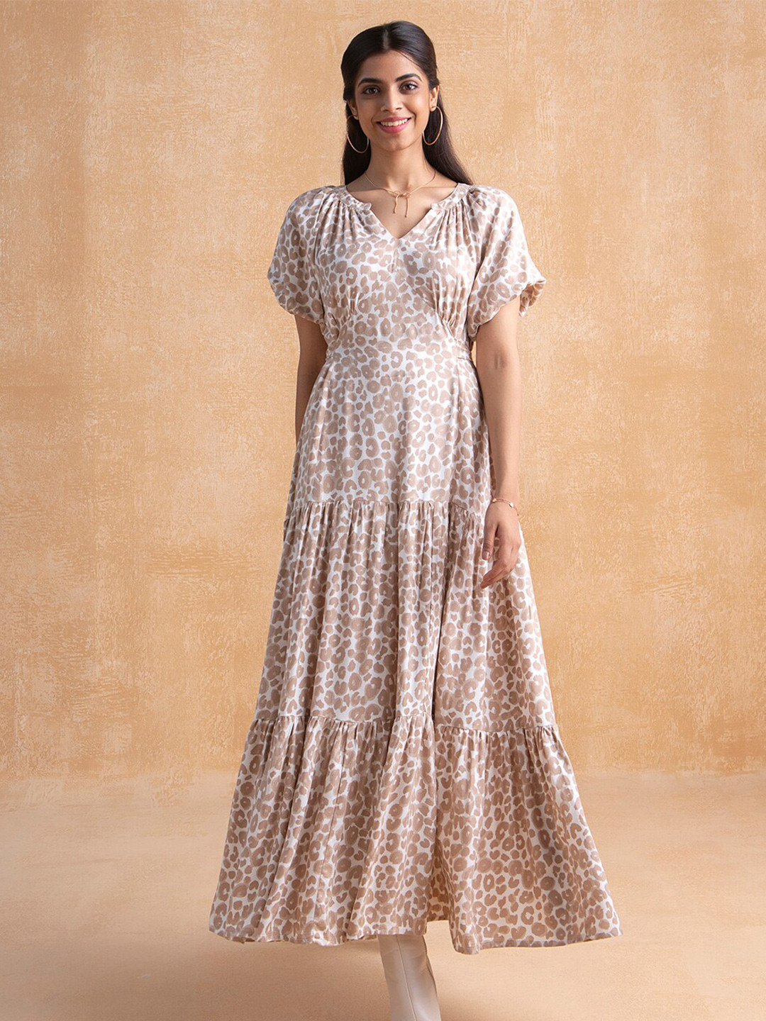 

Femella Beige Animal Printed Tiered Maxi Dress