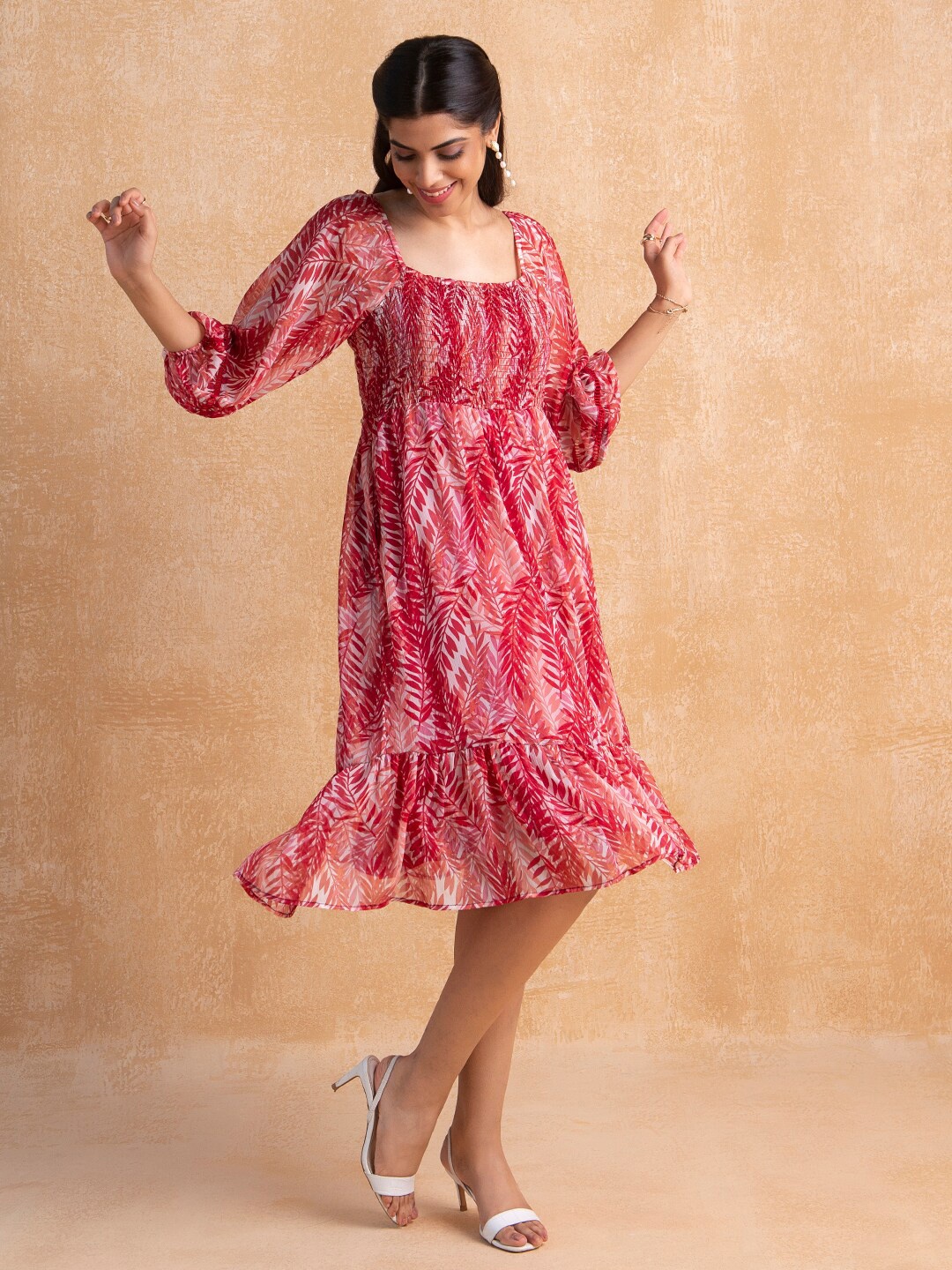 

Femella Red Floral Chiffon Smocked A-Line Midi Dress