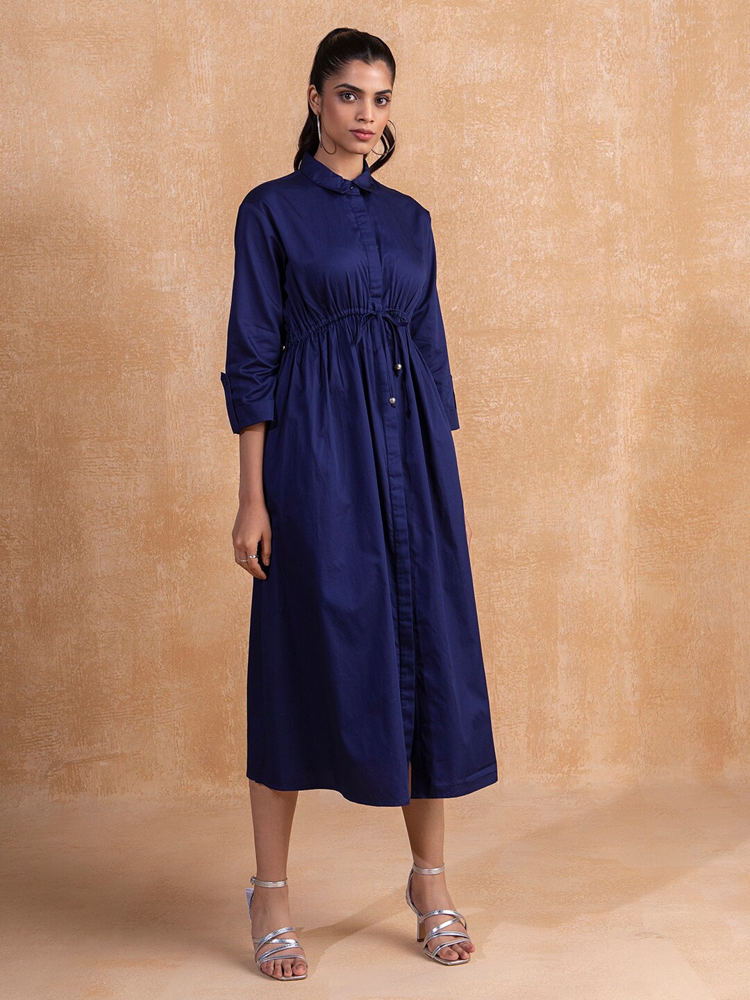 

Femella Navy Blue Shirt Cotton Midi Dress