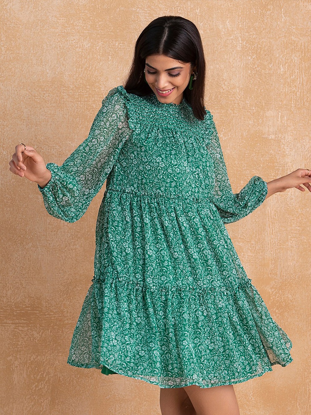 

Femella Green Floral Printed Smocked Tiered Chiffon A-Line Dress