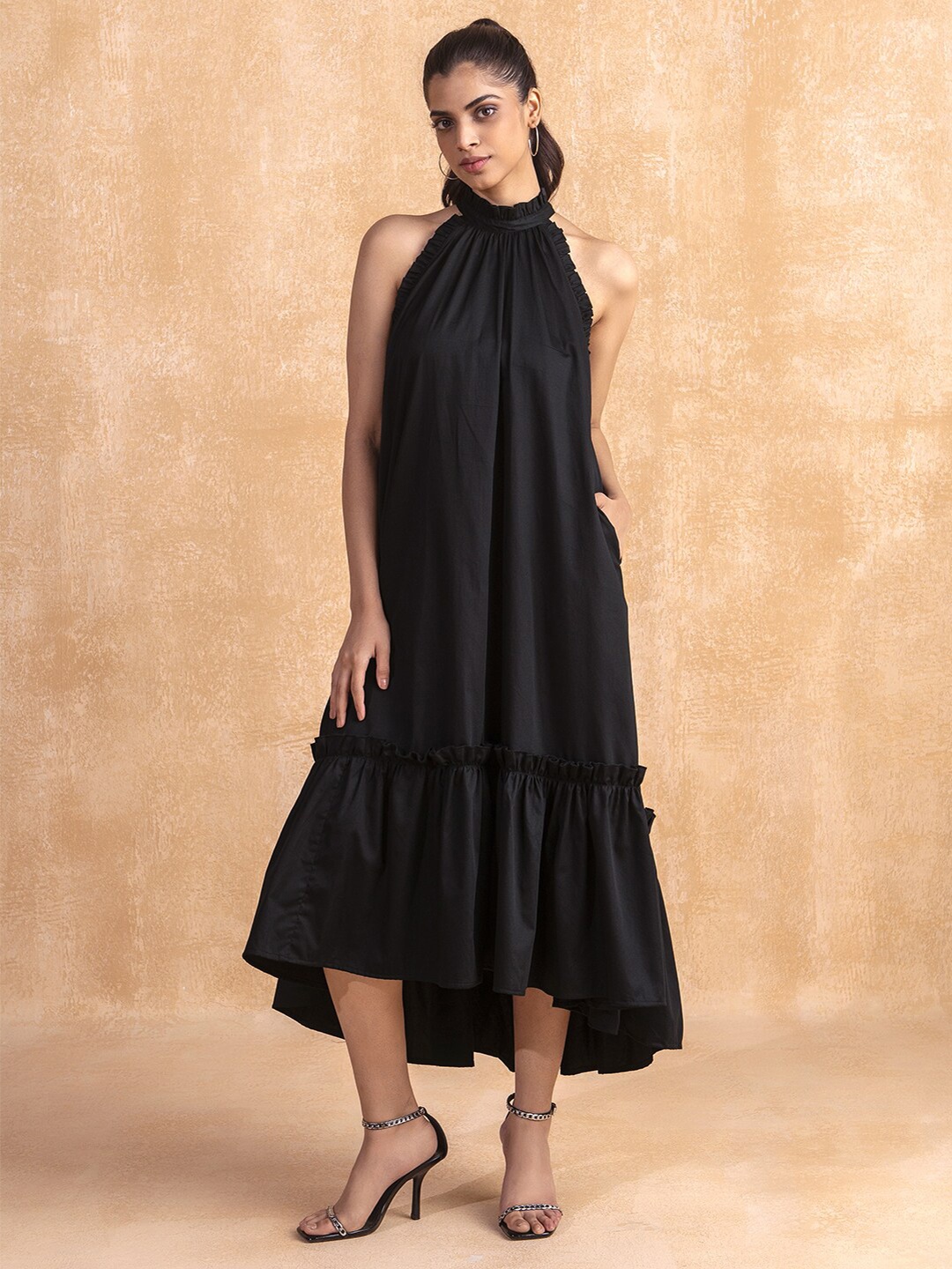 

Femella Black Cotton Tiered A-Line High Low Maxi Dress