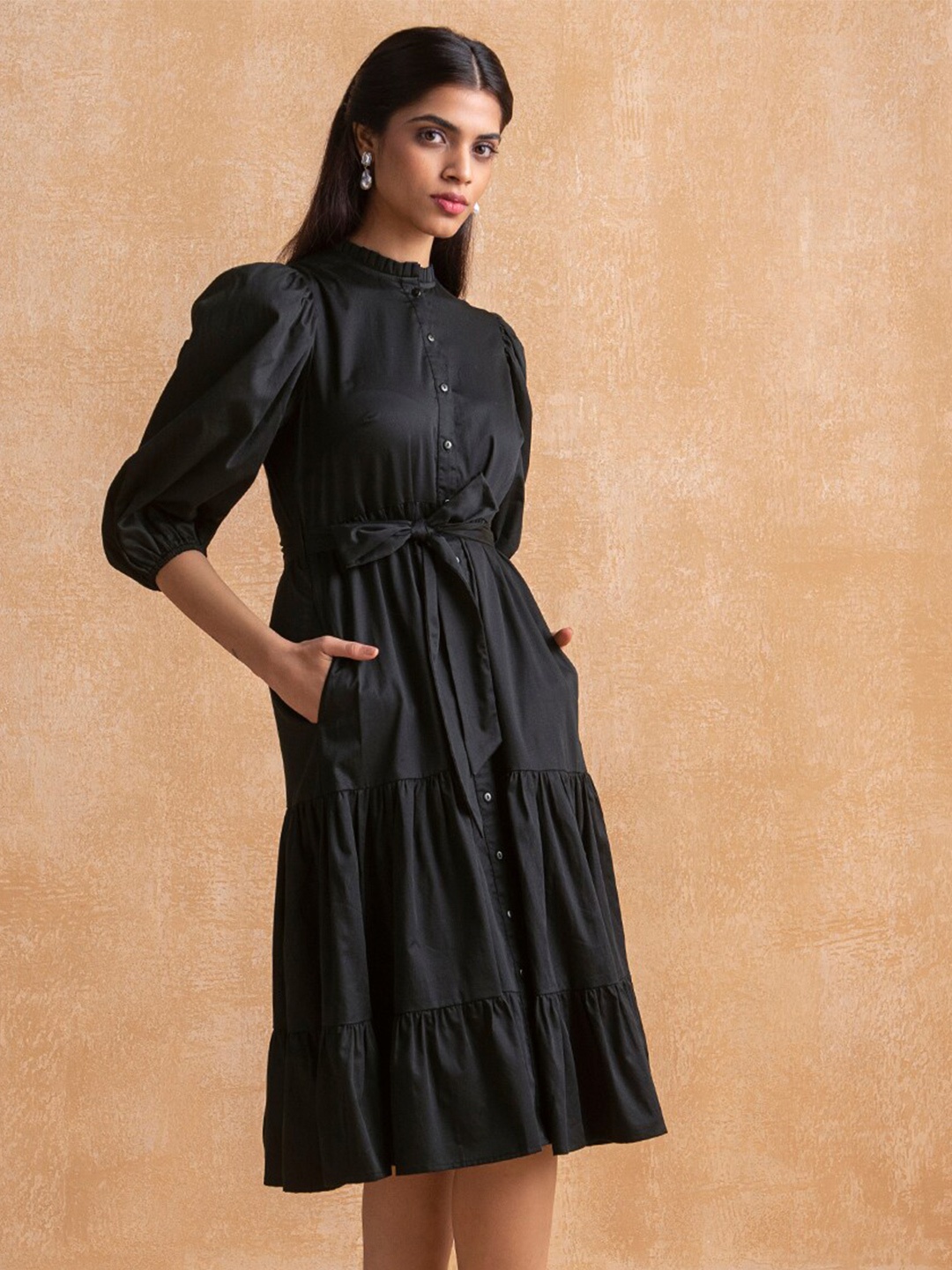 

Femella Black Solid Tiered Shirt Dress