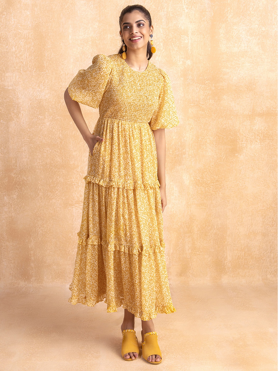 

Femella Yellow Floral Printed Chiffon Smocked Tiered Maxi Dress