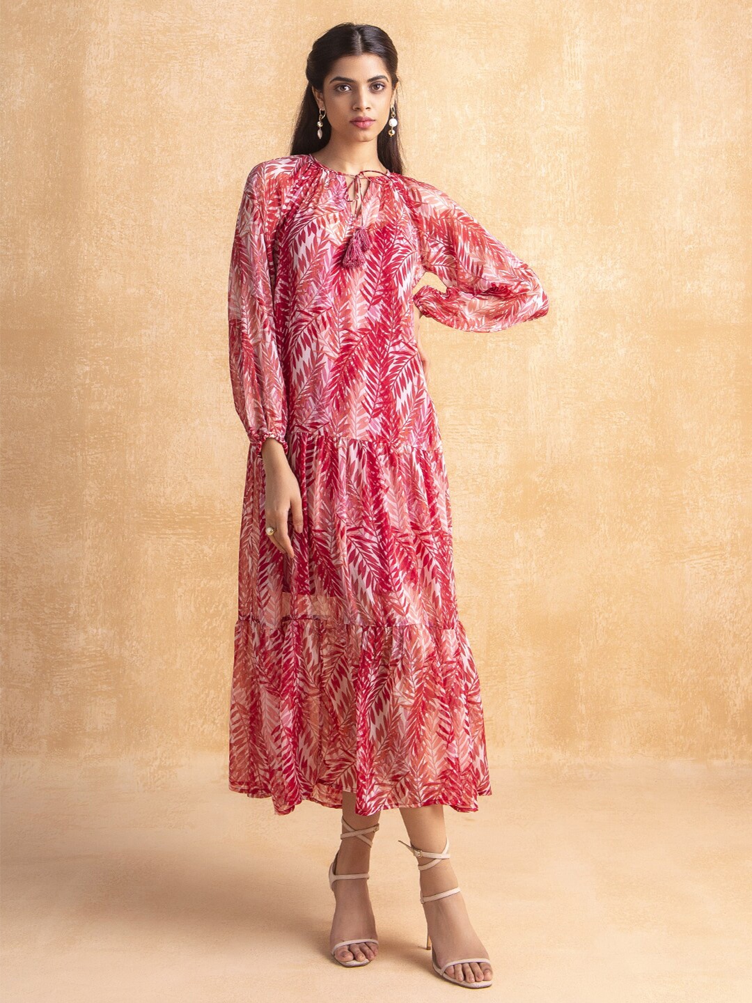 

Femella Red Floral Keyhole Neck Chiffon A-Line Midi Dress