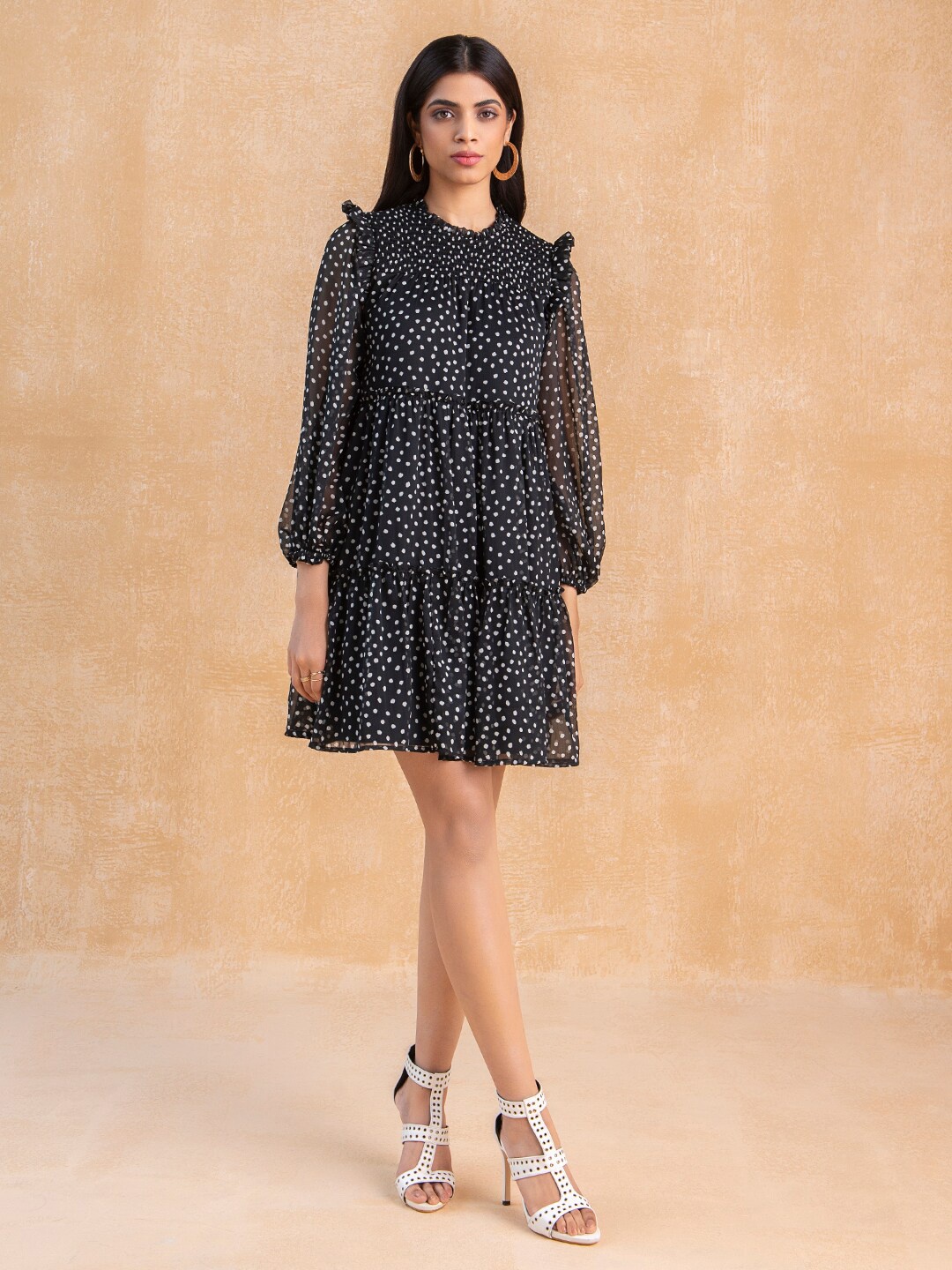 

Femella Black Chiffon Smocked Polka Dot Tiered A-Line Dress