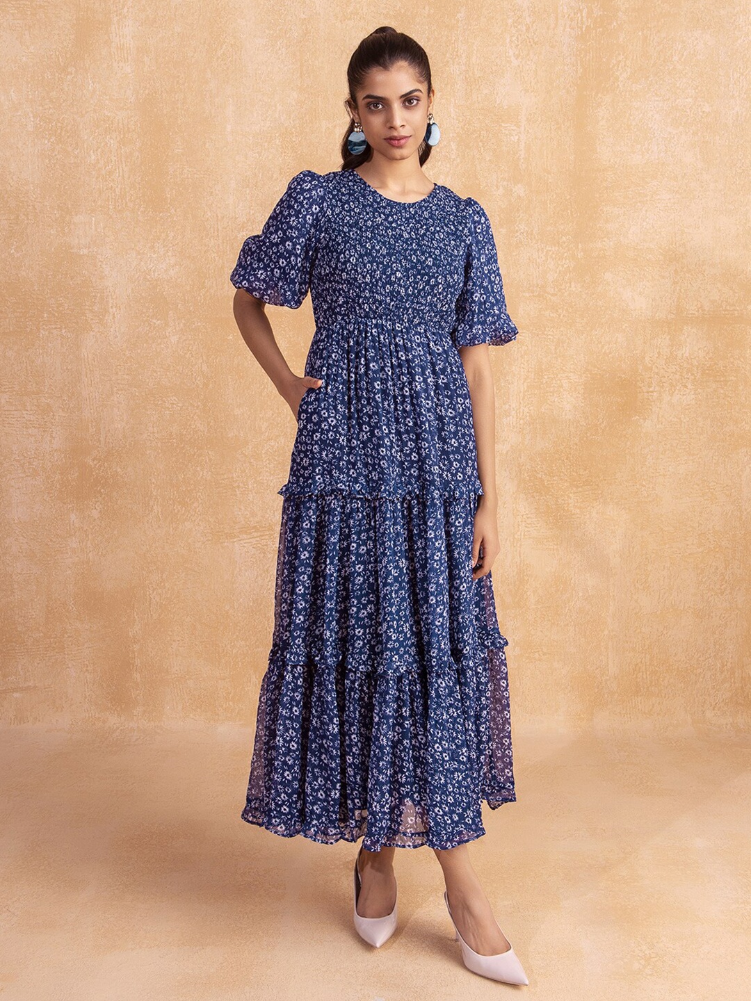 

Femella Blue Floral Chiffon Smocked Maxi Dress