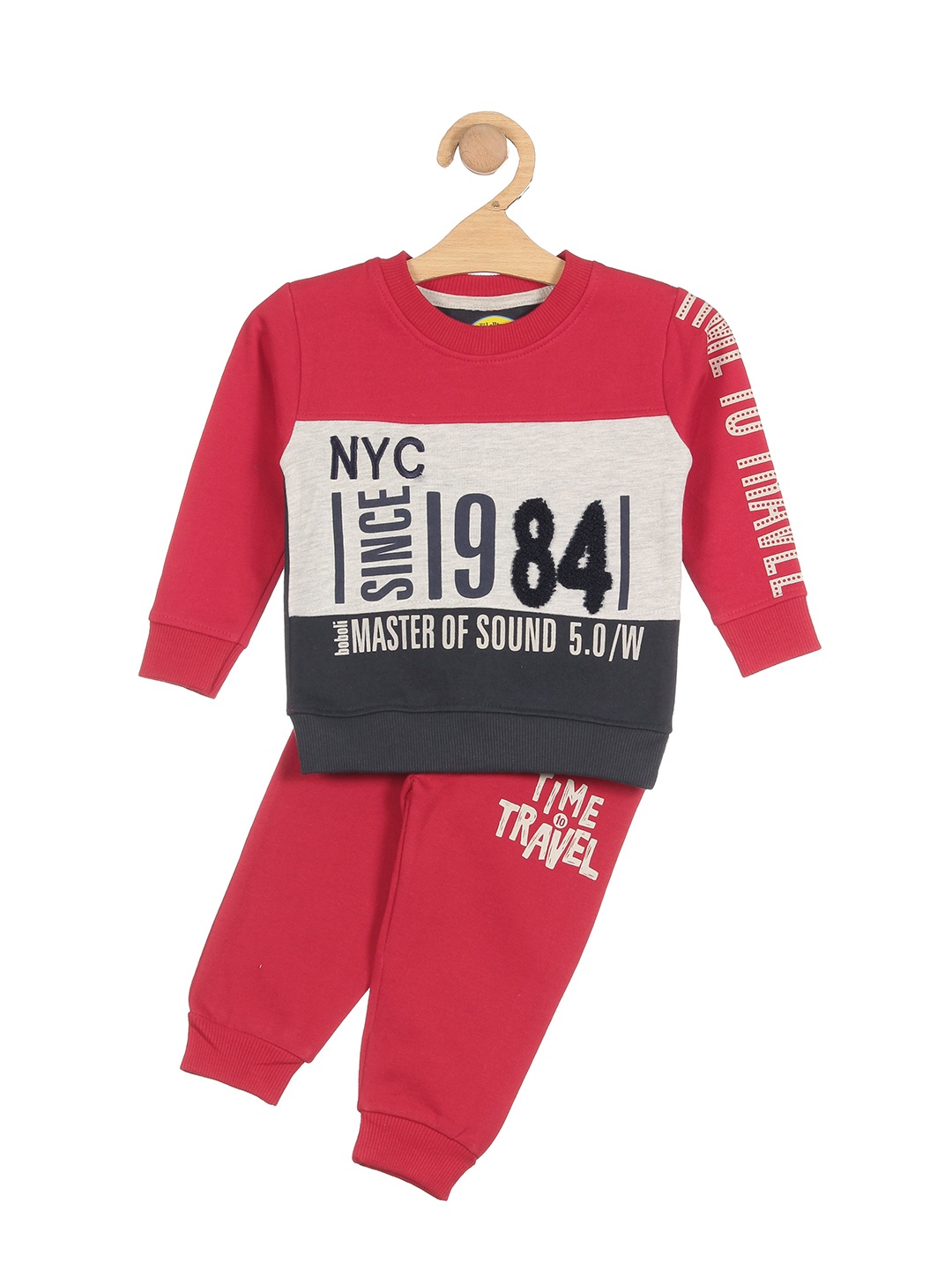 

Lil Lollipop Boys Red & Grey Melange Printed T-shirt with Trouser Set