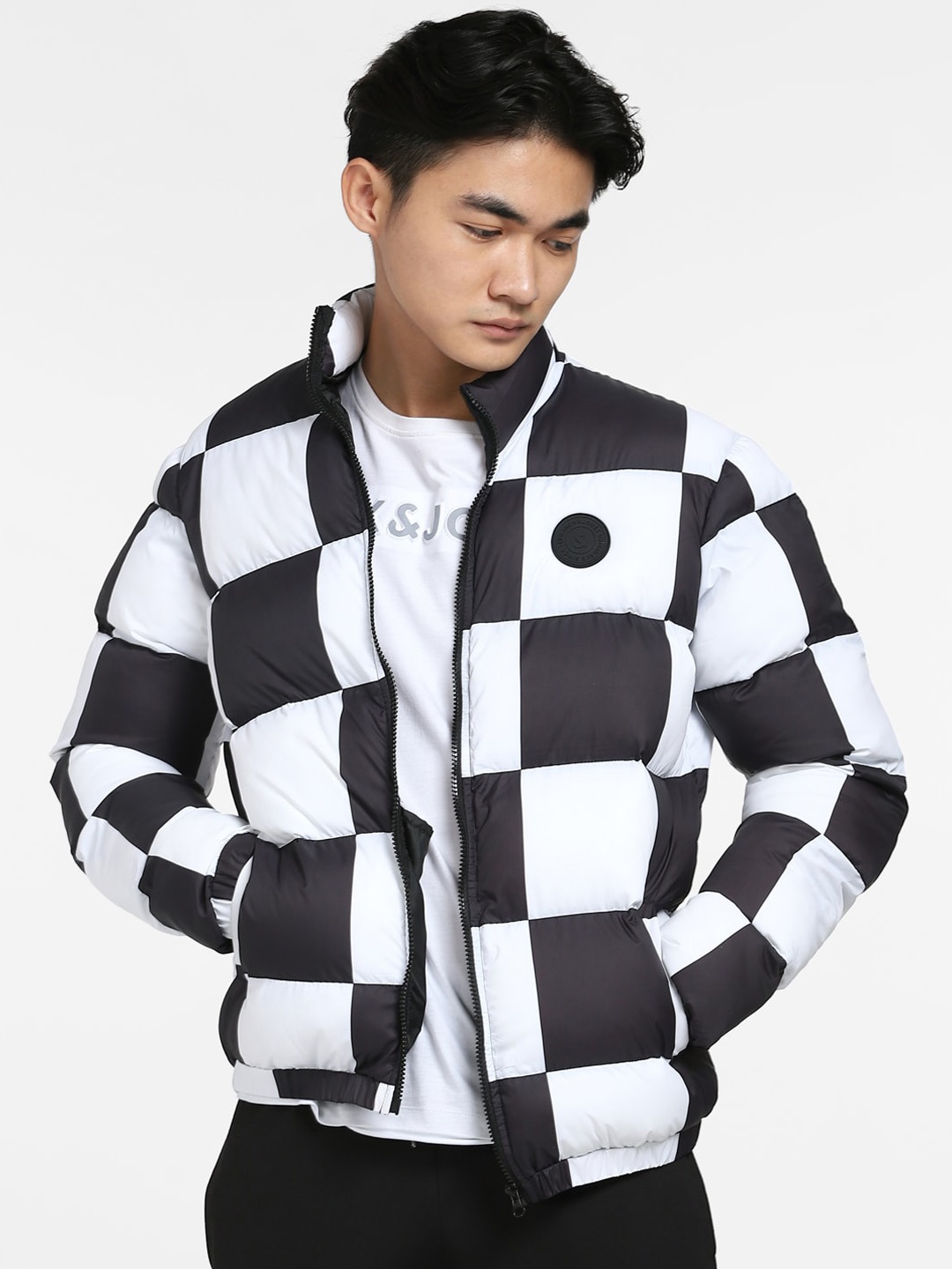 

Jack & Jones Men White Black Checked Jjor Checkmate Puffer Jacket