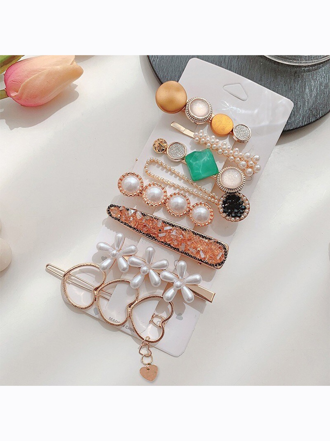 

Pinapes Women White & Green Embellished Set of 16 Hair Accessory