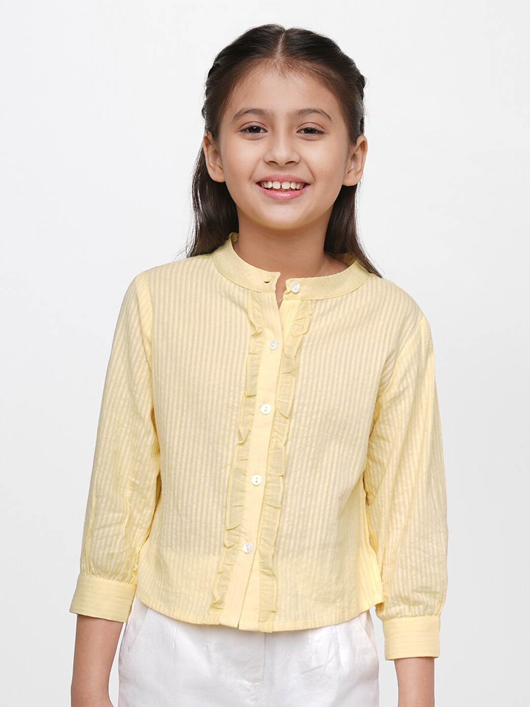 

AND Yellow Striped Mandarin Collar Cotton Top