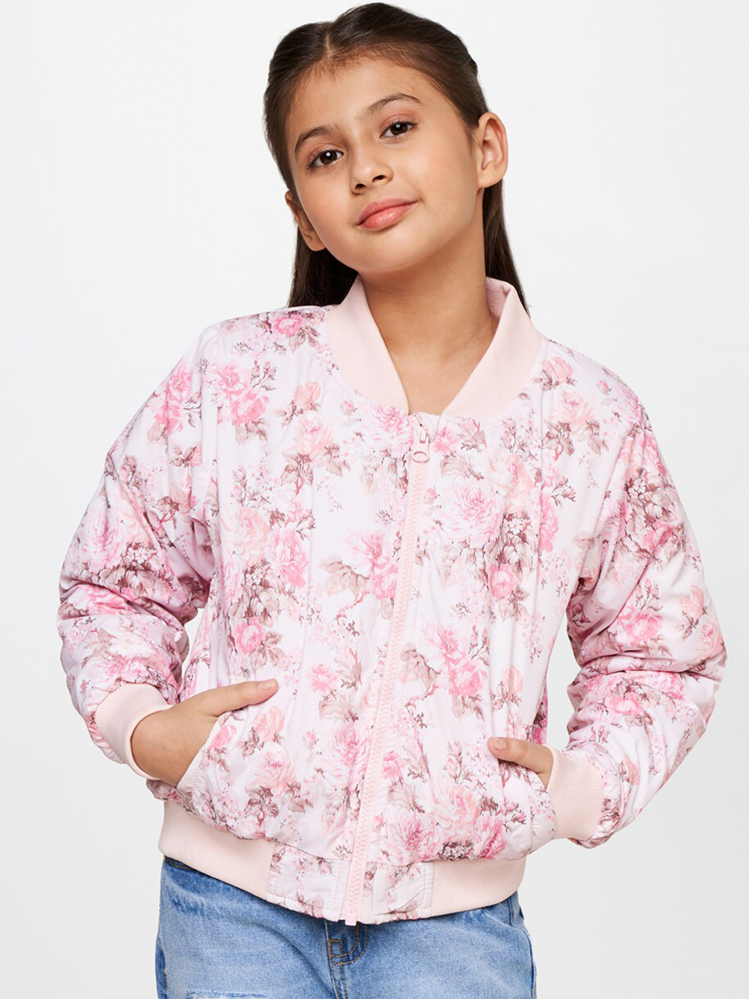 

AND Girls Pink Floral Bomber Jacket, Multi