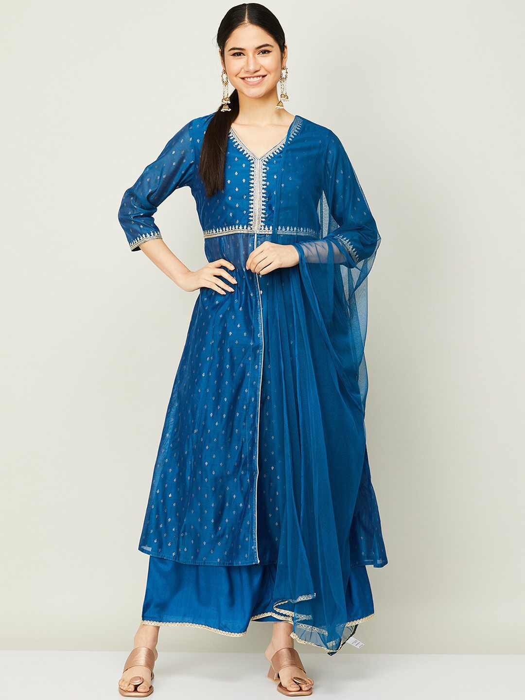 

Melange by Lifestyle Women Teal Printed Kurta with Sharara & Dupatta