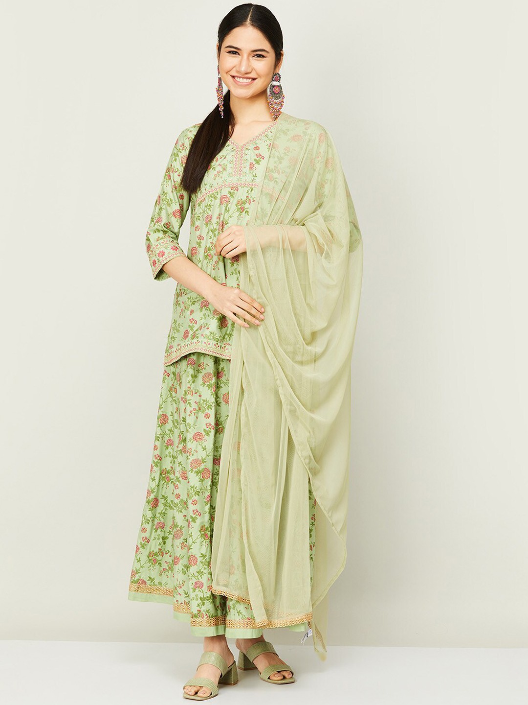 

Melange by Lifestyle Women Green And Pink Floral Print Kurta With Palazzo And Dupatta