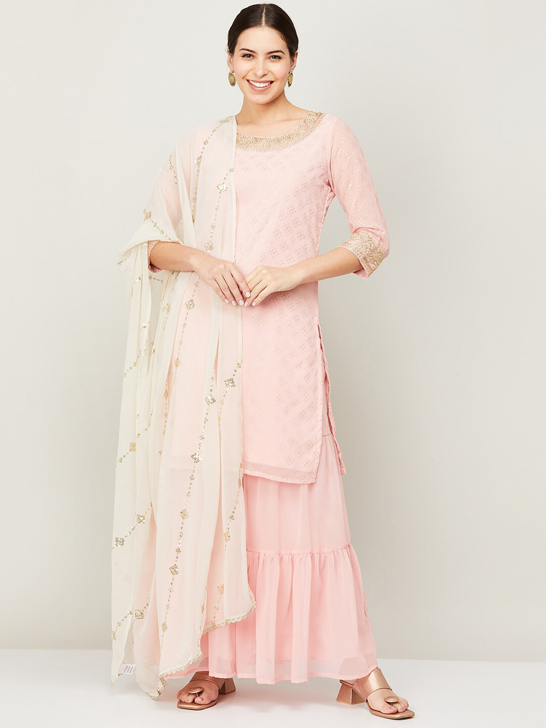 

Melange by Lifestyle Women Pink Printed Sequinned Kurta with Sharara & With Dupatta