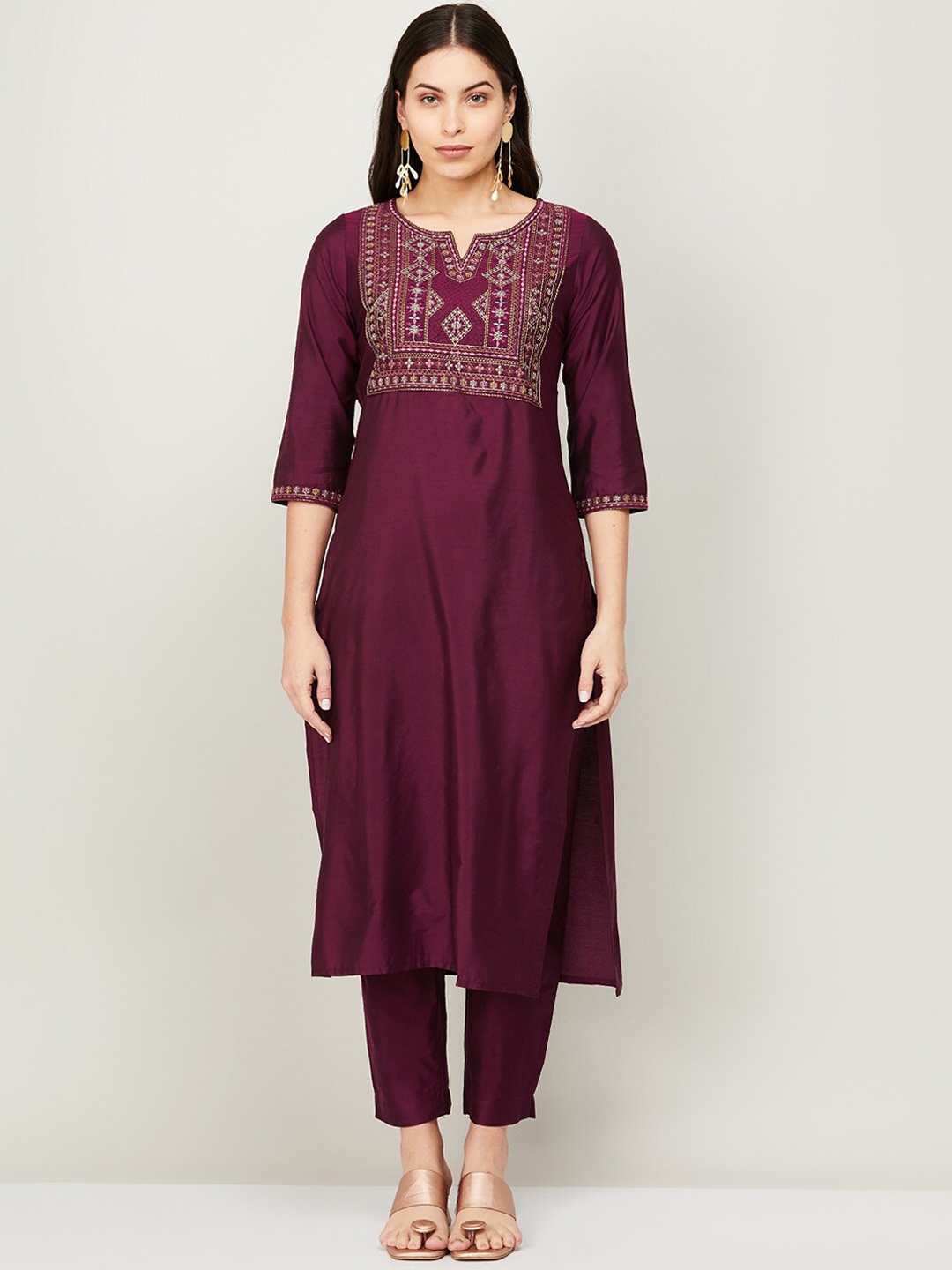 

Melange by Lifestyle Women Maroon Embroidered Yoke Kurta With Trouser And Dupatta