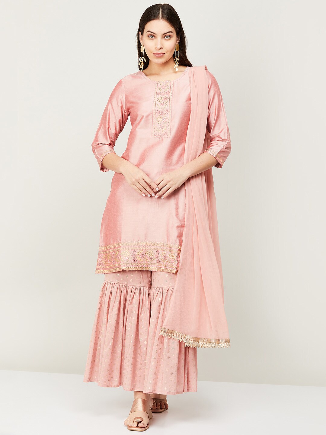 

Melange by Lifestyle Women Pink Floral Embroidered Kurti with Sharara & With Dupatta Set