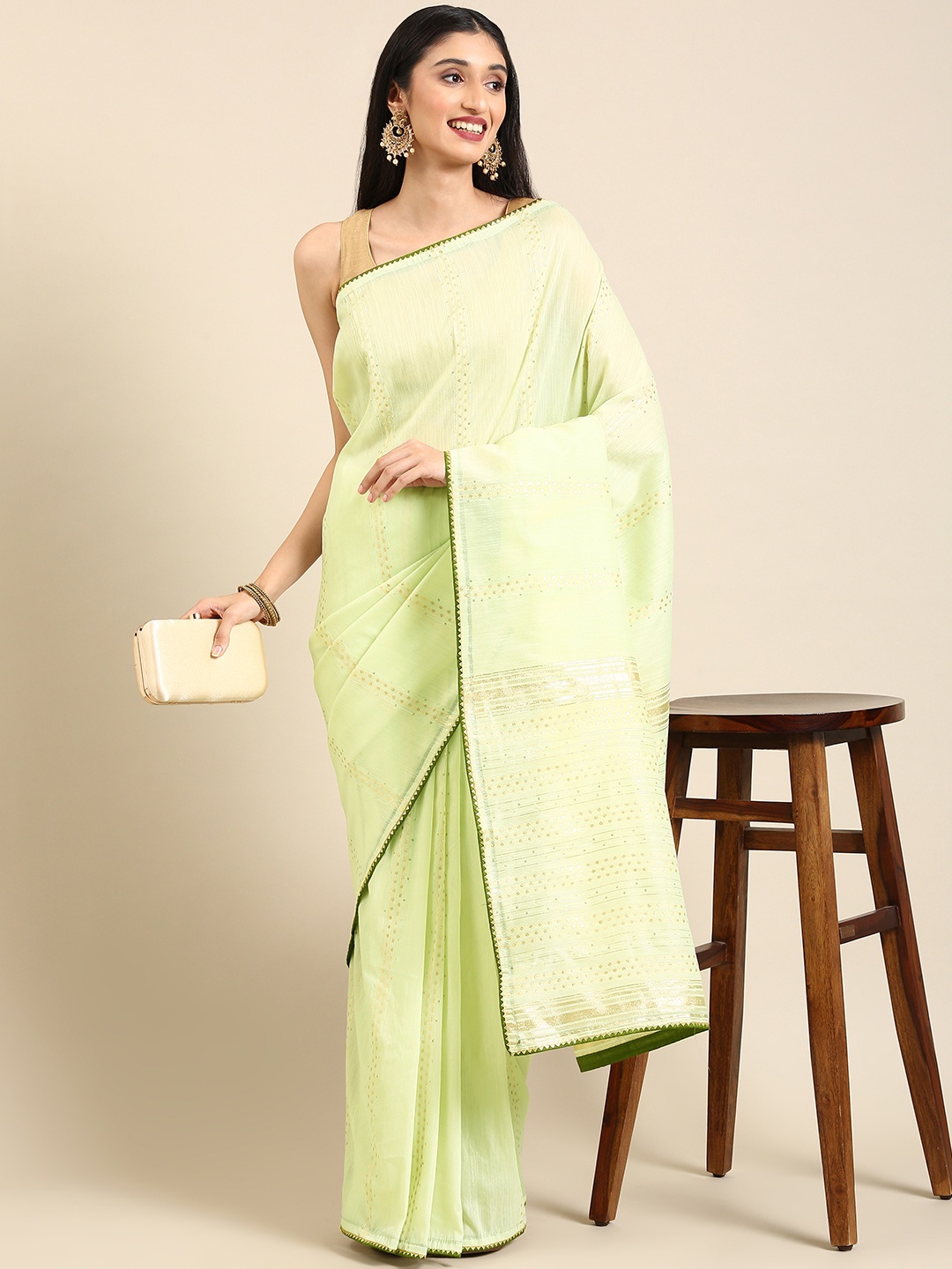 

Anouk Lime Green Woven Design Sequinned Chanderi Saree