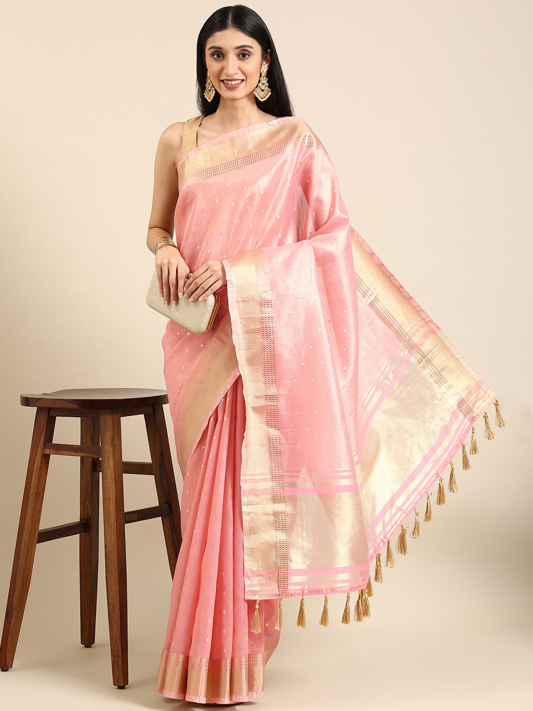

Anouk Pink Woven Design Chanderi Saree