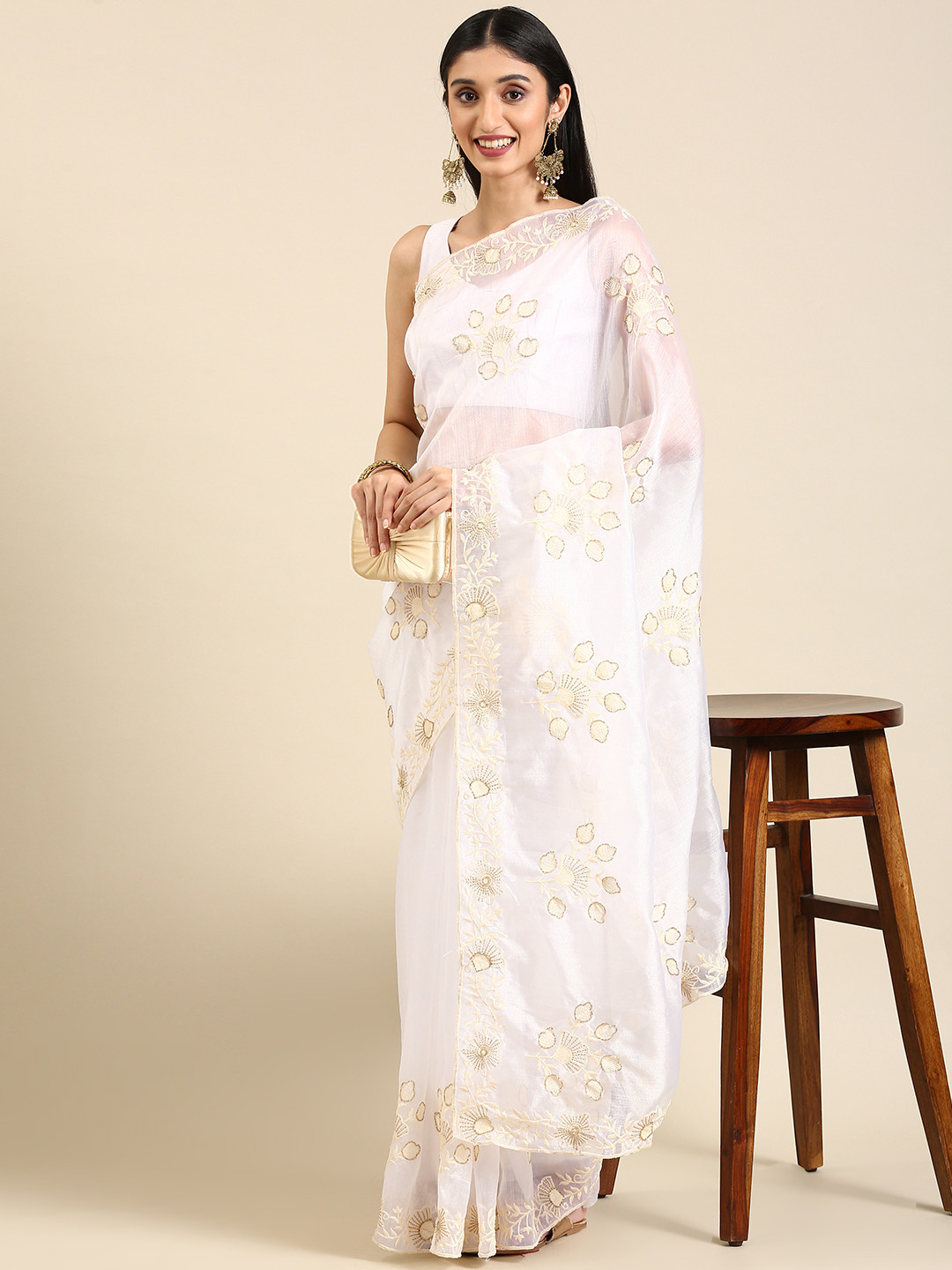 

Anouk White Ethnic Motifs Embroidered Organza Saree